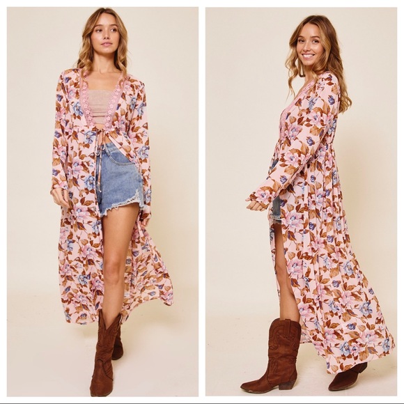 ShopEvelynne Sweaters - Kourtney Floral Maxi Length Kimono Duster Dress